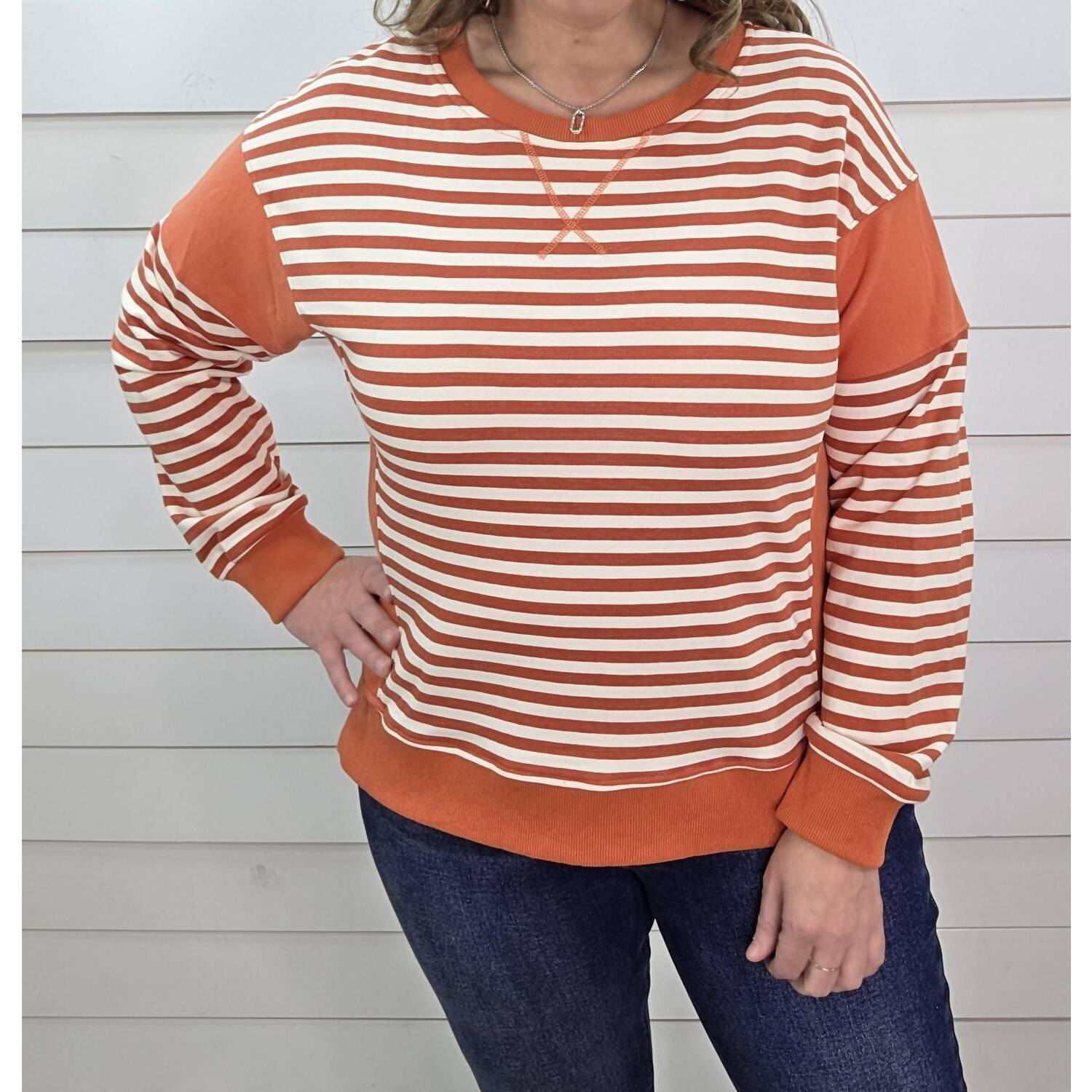 New Staccato Striped French Terry Pullover In Tangerine Cream